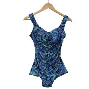 Maxine of Hollywood Swimsuit Womens 8 One Piece Black Blue Tropical‎ Pinup